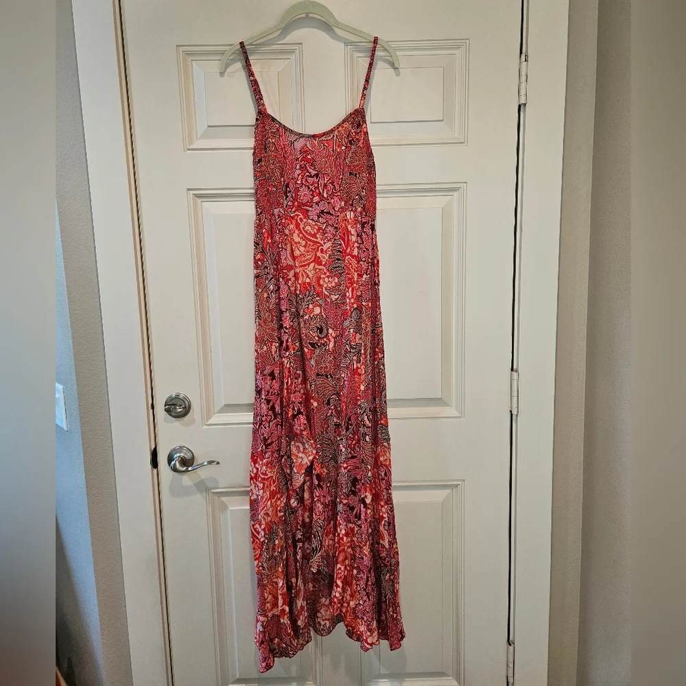 Free People Forever Yours Smocked Slip Dress Maxi Ruffled Slit Floral Red Sm NWT - Picture 15 of 16